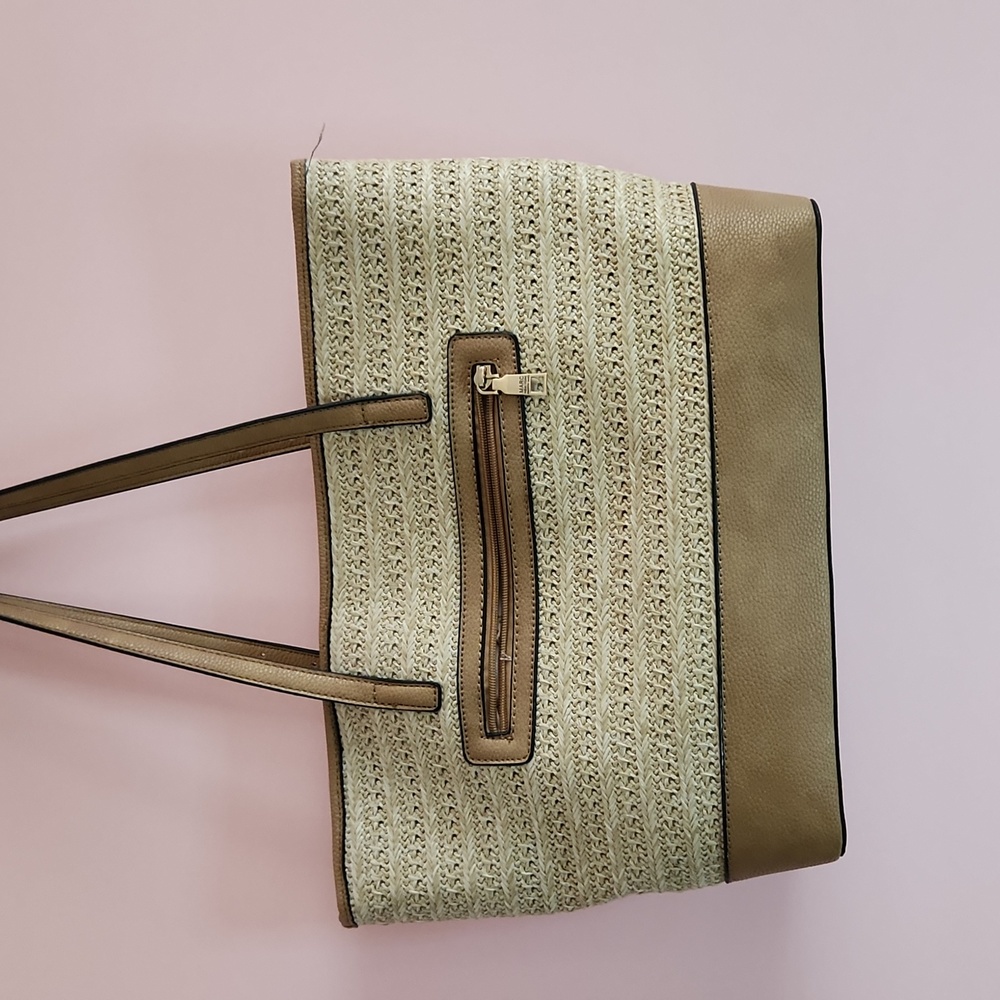 Marc of New York straw and leather over the shoulder pocketbook. 16 1/2 × 11 in.